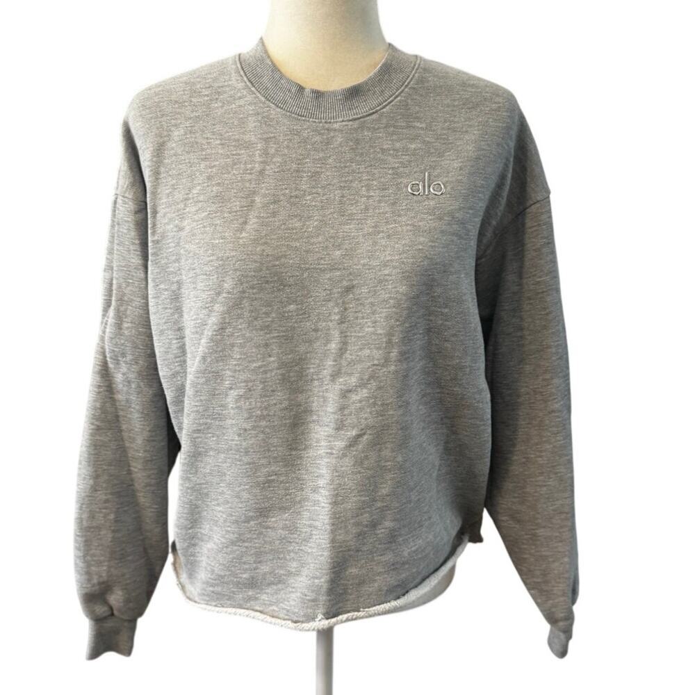 Alo Yoga Gray Raw Hem Cropped Crewneck Sweatshirt Oversized Pullover Logo (L-XL)